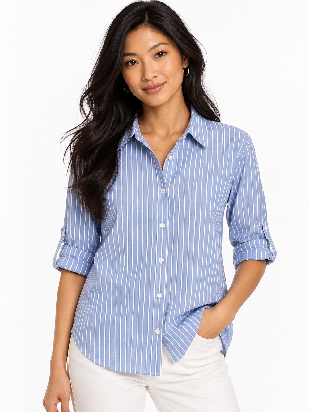 Calvin Klein Striped Button-Up Shirt Women’s L Roll Tab Sleeve Blue Office